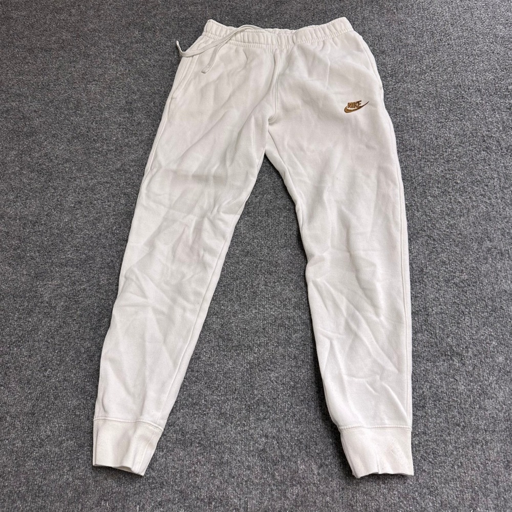 Nike Joggers Womens Size XS White Gold Logo Slim Fit Fleece Sweatpants Casual